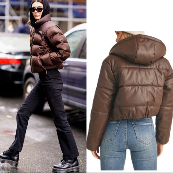 VEGAN LEATHER HOODED PUFFER JACKET - COFFEE - Picture 3 of 6